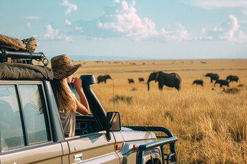 Woman tourist in vehicle in the savanna with wild animals