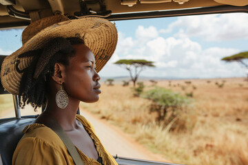 African woman travelling by car on safari tour in Africa