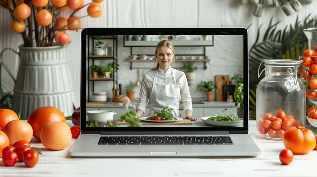 A laptop on the kitchen table among vegetables, a chief on the screen giving a lesson on video communication