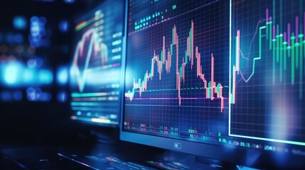 Financial market graph hologram and personal computer on background. Multi exposure. Concept of forex.