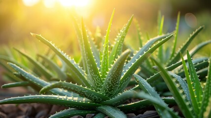 Obraz premium Aloe vera plant growing in field in plantation with sunlight.