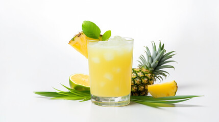 Wide juice bar background photograph of cocktail mix, a glass full of fruit juice and ice on a table top with white background and different fruit slices around 