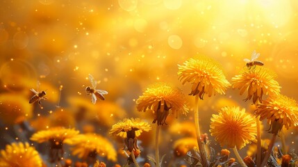Vibrant Summer Scene with Dandelions, Bees, and Dragonfly Generative AI