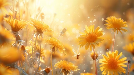 Vibrant Summer Banner with Dandelions, Bees, and Dragonfly Generative AI