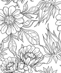 Contour vector pattern, background with forget-me-nots, chamomile, peony, calendula, tropical plant, bud on a transparent background. Coloring book, postcard, tattoo.