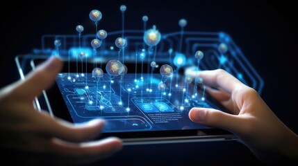 Finger touching tablet with web technology icons concept