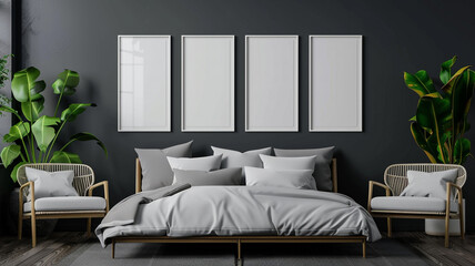 A mockup of blank poster frames on the wall above bed in a dark grey room.