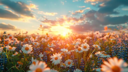 Fototapeta na wymiar Vibrant Morning Meadow with Chamomile and Wildflowers Generative AI