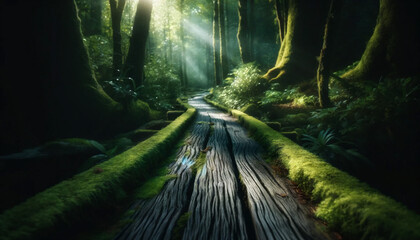 Sunrays Filtering Through an Enchanted Mossy Forest Path