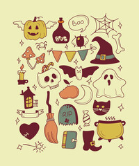 Halloween design Bright elements. Stickerpack. Pumpkin, Skull, Ghost, Gravestone, Spider, Candy, Broom, Hat, Eye, Potion, Bone, and more. Halloween labels, icons and objects. Happy holiday. All