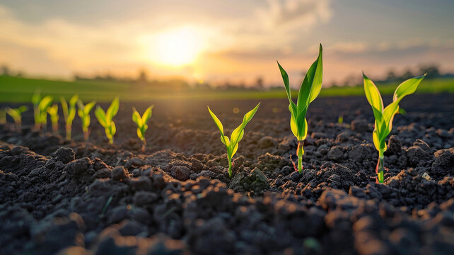 A row of young corn sprouts are growing in the rich soil with sunrise