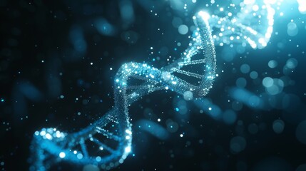 Glowing hologram of 3D human DNA structure over dark background