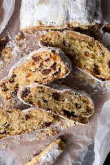 Traditional European Christmas pastry bread, fragrant home baked stollen, with spices and dried fruit