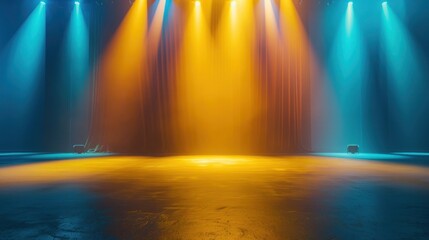 Obraz premium Empty modern stage with bright background for performance, stage lighting with blue and yellow spotlights for dance performance