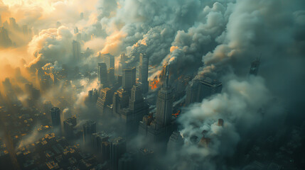 Mystic Cityscape: A Dramatic Aerial View Amidst the Clouds