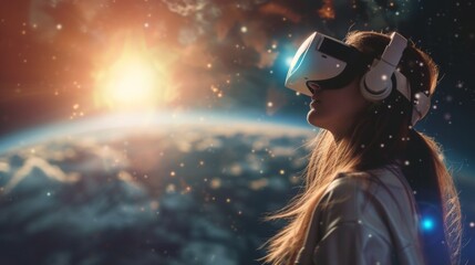 A female is in a virtual fantasy space universe world when wearing VR headset.