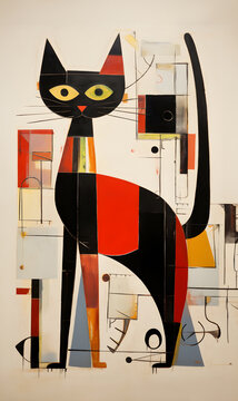Abstract art meets whimsy: Stylized cat in a Laszlo Moholy-Nagy inspired setting