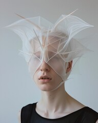Stylish woman wearing a netting head piece and black top in fashion portrait shot