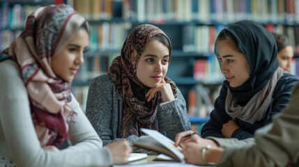 Obraz premium Mixed-race and Middle Eastern women meet for a study group session at the library