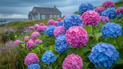 Vibrant Hydrangea Blooms on New England Coast Generative AI