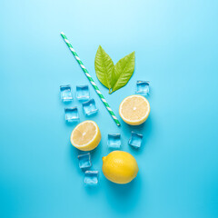 Creative summer composition with sliced lemon, straw and ice cubes on blue background. Minimal drink concept.