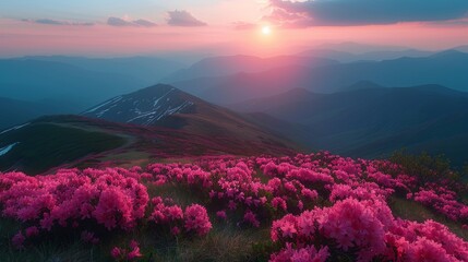 Vibrant Rhododendron Blooms in Carpathian Meadows Generative AI