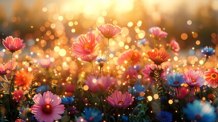 Vibrant Wildflower Meadow Bathed in Golden Sunrays Generative AI - obrazy, fototapety, plakaty