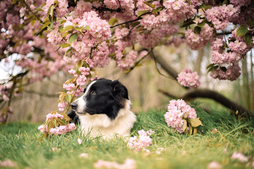 border collie in cherry blossom