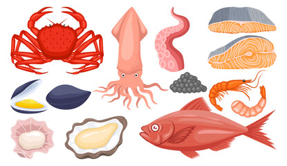 Obraz premium Seafood illustration vector bundle. Seafood vector cartoon set icon. Vector illustration icon fish food on white background. Seafood illustration vector bundle