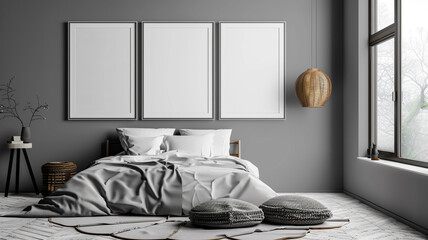 blank picture frames on the wall in grey interior design of bedroom