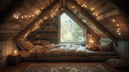 A cozy attic bedroom with sloped ceilings, a comfortable window seat overlooking the rooftops, and fairy lights twinkling overhead.