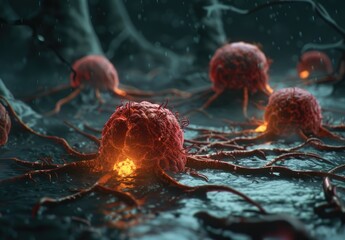 A single glowing cancer cell with sprawling tentacles stands out ominously in the dark watery environment, symbolizing threat and invasion.