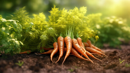 Bunch of freshly picked carrots lies on the ground. Production of organic vegetables on the farm. Harvesting.