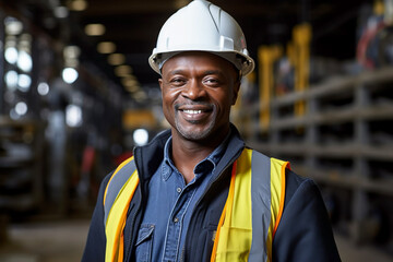 Middle-aged black man in hard hat stands against the background of a warehouse
