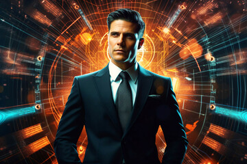Attractive man in a business suit on a futuristic abstract background. Financial consultant, broker, dealer. The concept of a successful career in the financial sector.