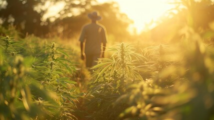 Cannabis plant growing in outdoor field in a large plantation farm with sunlight. - obrazy, fototapety, plakaty