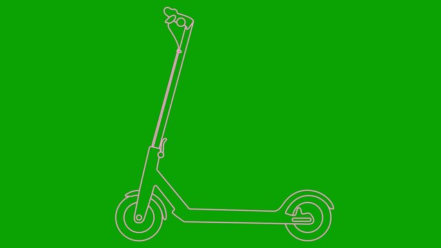 Animated linear pink icon of electric kick scooter. Line symbol is drawn. Urban mobile youth transport. City transportation. Looped video. Vector illustration isolated on green background. 
