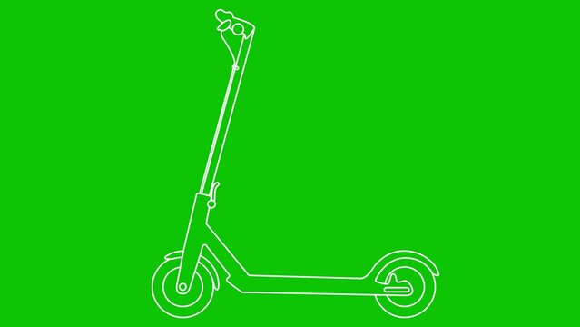 Animated linear white icon of electric kick scooter. Line symbol is drawn. Urban mobile youth transport. City transportation. Looped video. Vector illustration isolated on green background. 