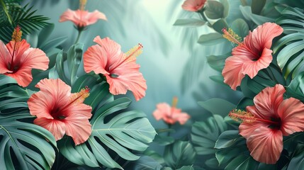 Tropical Summer Vibes with Hibiscus Flowers and Lush Greenery Generative AI