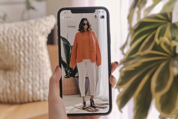 Closeup of hand holding iphone displaying image of woman in orange sweater on screen, technology and fashion concept