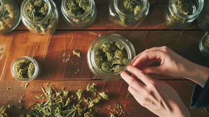 Hands working on dried cannabis buds on table for entertainment usage