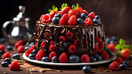A chocolate cake with chocolate syrup decorated with strawberries, raspberries, and blueberries}}}} Photorealistic Images prompt structure will be in this format 