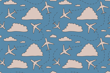 seamless pattern with airplanes routes in the sky. It's ideal for travel-related websites, aviation-themed designs, - vector illustration - 782073583