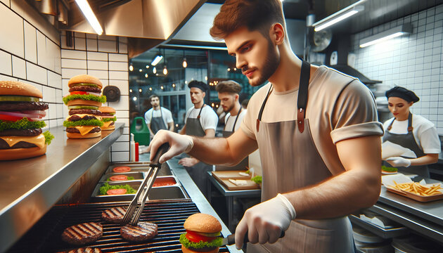 Photo realistic image of a grill master expertly flipping burgers with precision in a busy diner, captured in a candid daily work environment