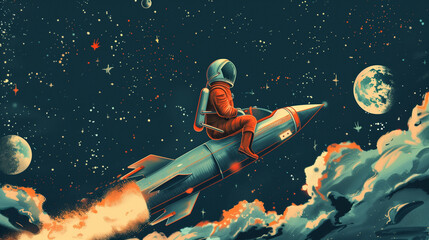 man riding rocket in space - obrazy, fototapety, plakaty