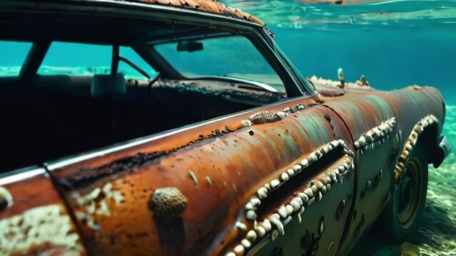 Side of old sunken car affected by rust under water. Body of old vintage car is corroded by shells and marine microorganisms. Metal decay and environmental pollution.
