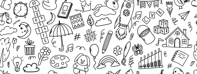 Seamless pattern with daycare doodle elements. Unicorn, hopscotch, toys, crown, umbrella, house, tree and other elements.