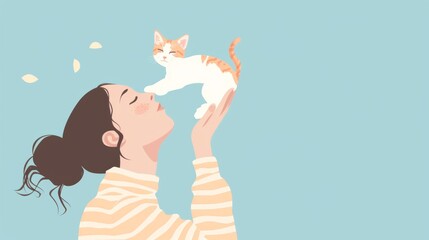 A person is happily playing with cat without allergy with home animal.