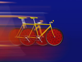 Yellow bicycle with watermelon wheels on blue background. Summer is here concept. 3D Rendering, 3D Illustration