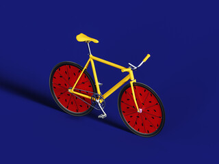 Yellow bicycle with watermelon wheels on blue background. Summer is here concept. 3D Rendering, 3D Illustration
